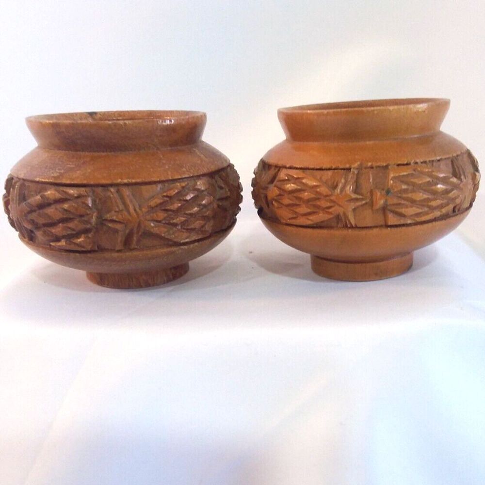 Vintage Pair Hand-Carved Wooden Vessels Trinkets Tiki